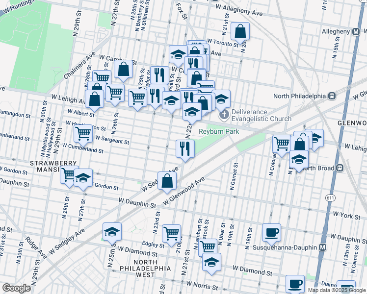 map of restaurants, bars, coffee shops, grocery stores, and more near 2542 North 22nd Street in Philadelphia