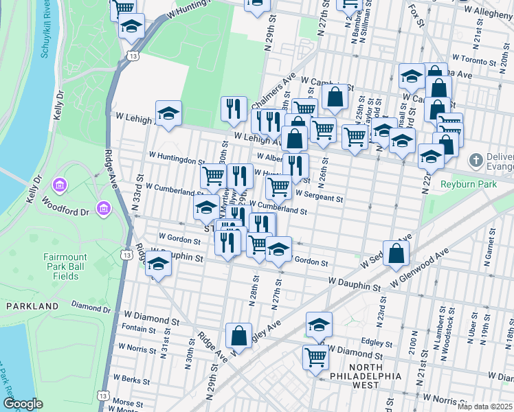 map of restaurants, bars, coffee shops, grocery stores, and more near 2470 North Newkirk Street in Philadelphia