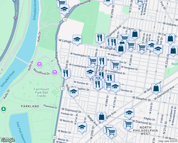map of restaurants, bars, coffee shops, grocery stores, and more near 2448 North Corlies Street in Philadelphia