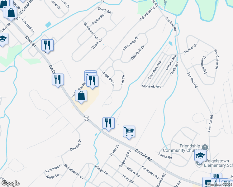 map of restaurants, bars, coffee shops, grocery stores, and more near 3949 Sheppard Drive in Dover