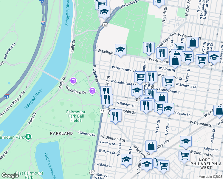 map of restaurants, bars, coffee shops, grocery stores, and more near 2427 North Douglas Street in Philadelphia
