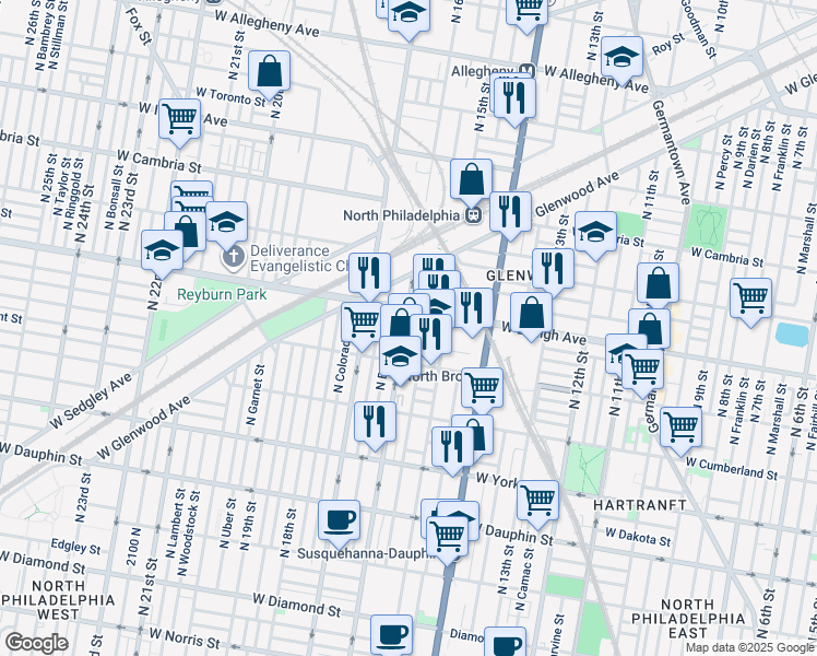 map of restaurants, bars, coffee shops, grocery stores, and more near 1552 West Oakdale Street in Philadelphia