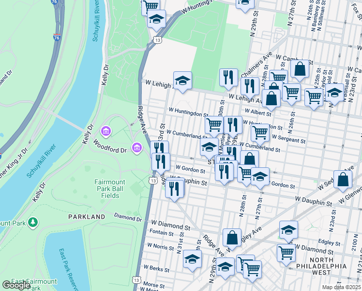 map of restaurants, bars, coffee shops, grocery stores, and more near 2431 North 32nd Street in Philadelphia