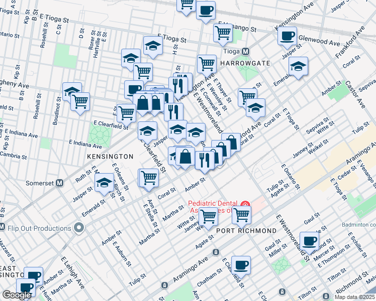 map of restaurants, bars, coffee shops, grocery stores, and more near 2012 East Allegheny Avenue in Philadelphia