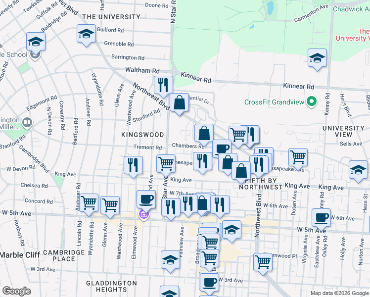 map of restaurants, bars, coffee shops, grocery stores, and more near 1795 Northwest Court in Columbus