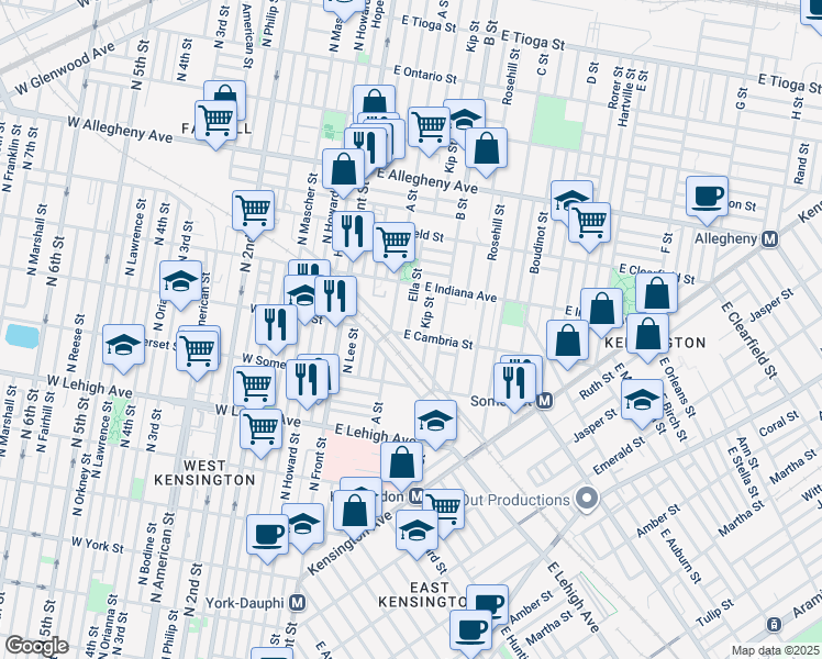 map of restaurants, bars, coffee shops, grocery stores, and more near 221 East Cambria Street in Philadelphia