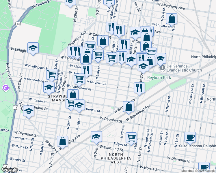map of restaurants, bars, coffee shops, grocery stores, and more near 2453 West Firth Street in Philadelphia