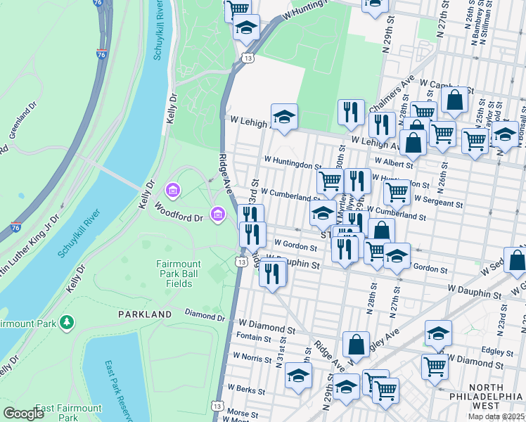 map of restaurants, bars, coffee shops, grocery stores, and more near 2427 North Douglas Street in Philadelphia