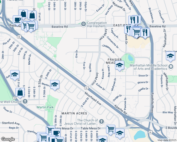 map of restaurants, bars, coffee shops, grocery stores, and more near 315 Hopi Place in Boulder