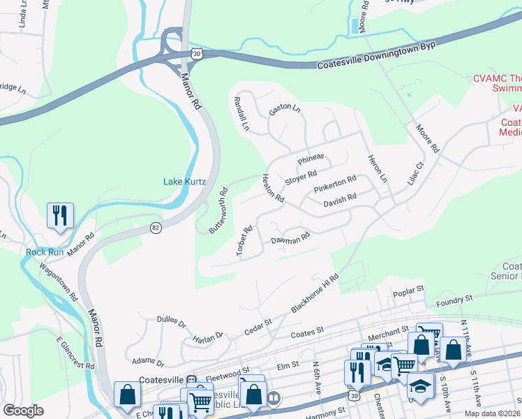 map of restaurants, bars, coffee shops, grocery stores, and more near 100 Haslan Lane in Coatesville
