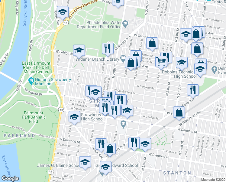 map of restaurants, bars, coffee shops, grocery stores, and more near 2461 North 29th Street in Philadelphia