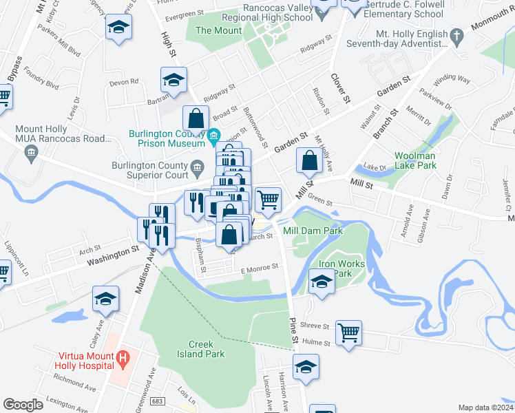 map of restaurants, bars, coffee shops, grocery stores, and more near 17 Paxson Street in Mount Holly