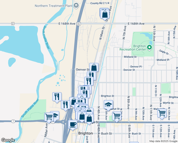 map of restaurants, bars, coffee shops, grocery stores, and more near 258 Denver Street in Brighton