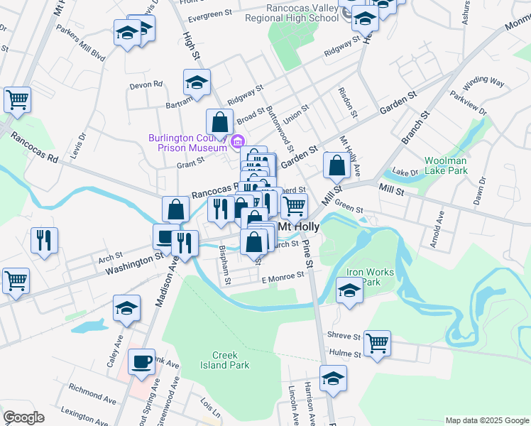 map of restaurants, bars, coffee shops, grocery stores, and more near in Burlington County