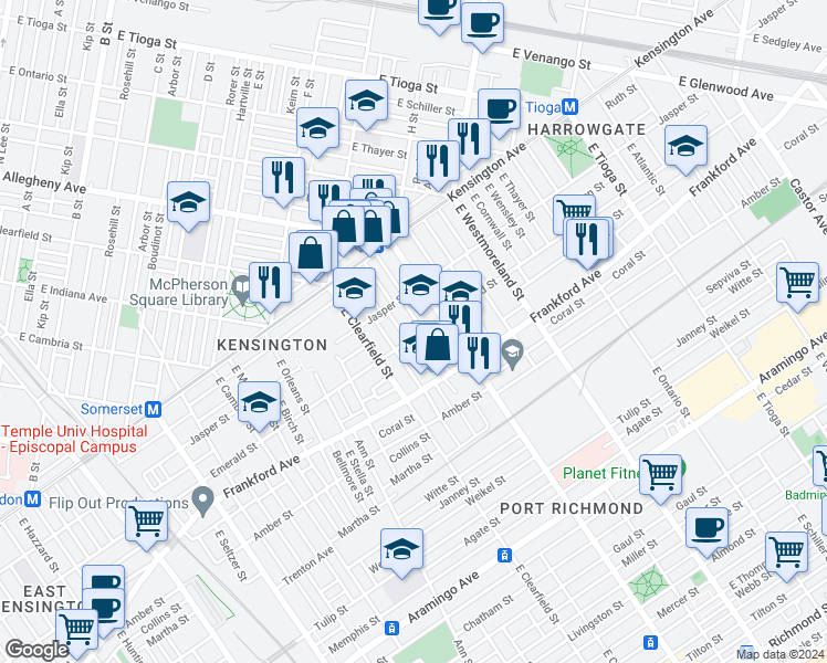 map of restaurants, bars, coffee shops, grocery stores, and more near in Philadelphia