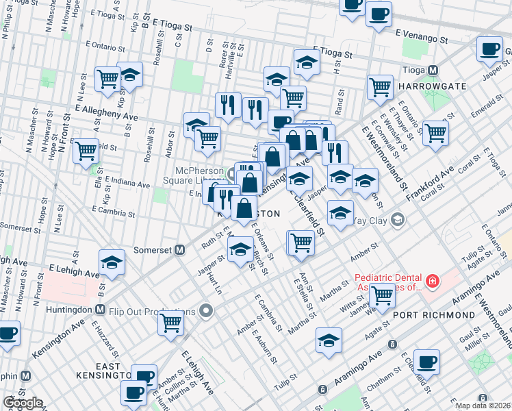 map of restaurants, bars, coffee shops, grocery stores, and more near 3055 Kensington Avenue in Philadelphia