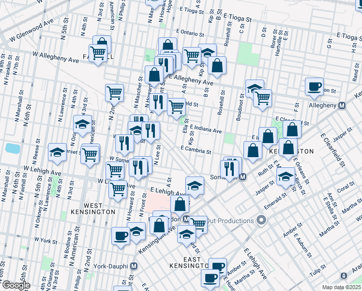 map of restaurants, bars, coffee shops, grocery stores, and more near 217 East Cambria Street in Philadelphia