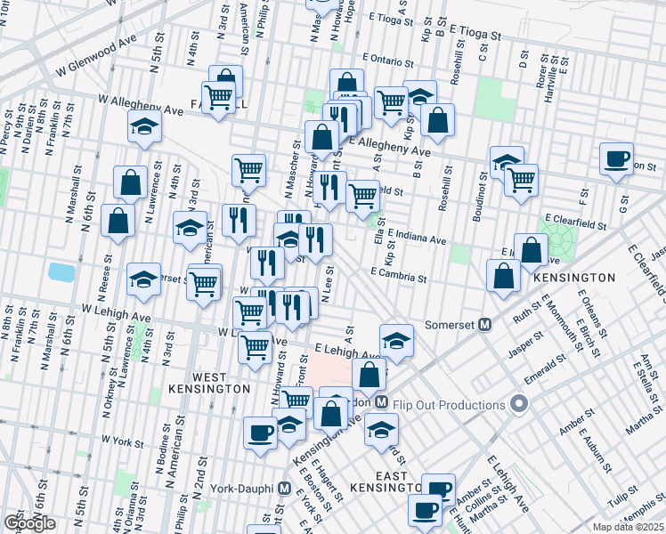 map of restaurants, bars, coffee shops, grocery stores, and more near 118-60 East Indiana Avenue in Philadelphia