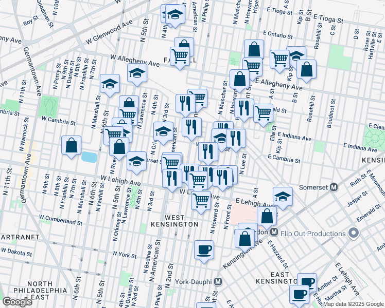 map of restaurants, bars, coffee shops, grocery stores, and more near 189 West Cambria Street in Philadelphia