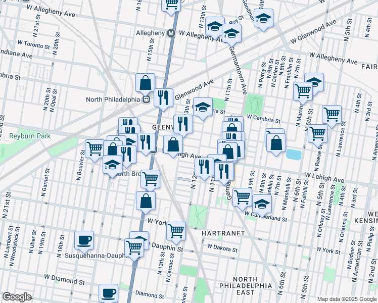 map of restaurants, bars, coffee shops, grocery stores, and more near 2731 North 13th Street in Philadelphia