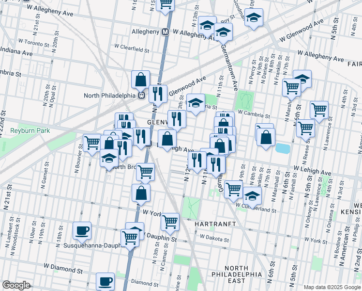 map of restaurants, bars, coffee shops, grocery stores, and more near 2731 North 13th Street in Philadelphia