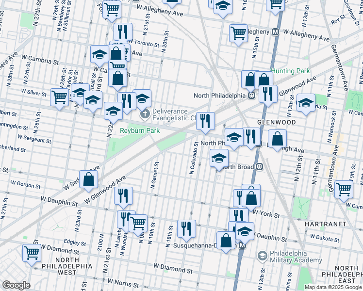 map of restaurants, bars, coffee shops, grocery stores, and more near 1801 West Glenwood Avenue in Philadelphia