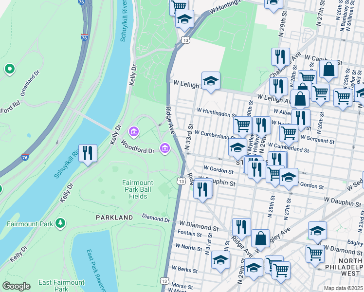 map of restaurants, bars, coffee shops, grocery stores, and more near 2444 North 33rd Street in Philadelphia