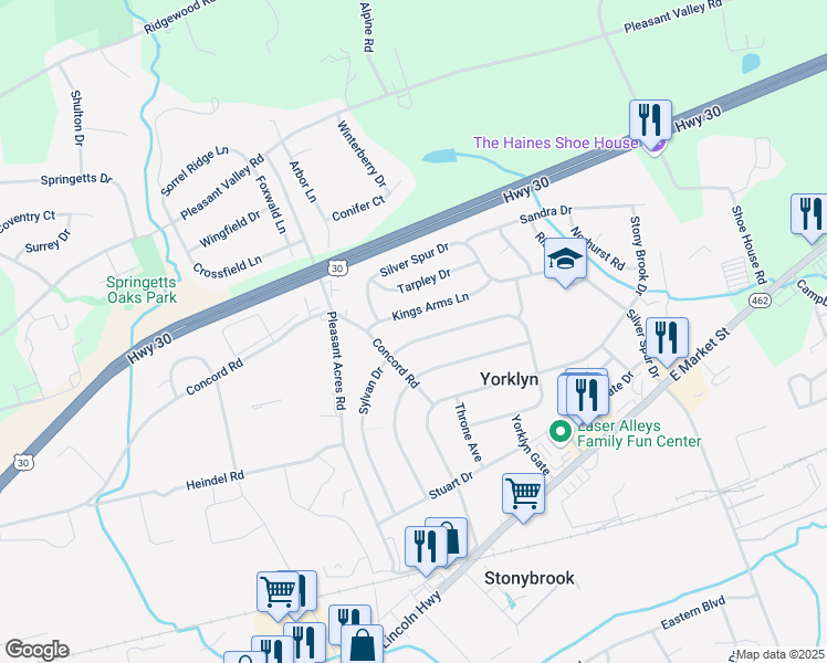 map of restaurants, bars, coffee shops, grocery stores, and more near 3819 Kings Arms Lane in York