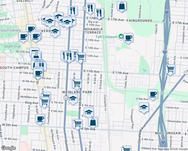 map of restaurants, bars, coffee shops, grocery stores, and more near 383 East 11th Avenue in Columbus