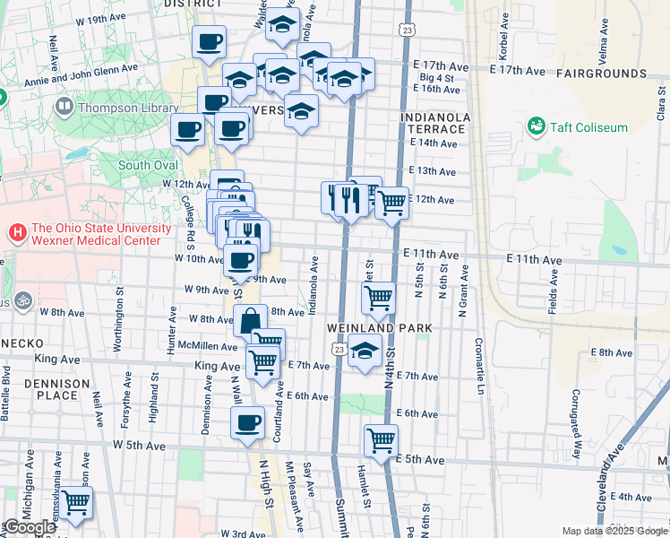 map of restaurants, bars, coffee shops, grocery stores, and more near in Columbus