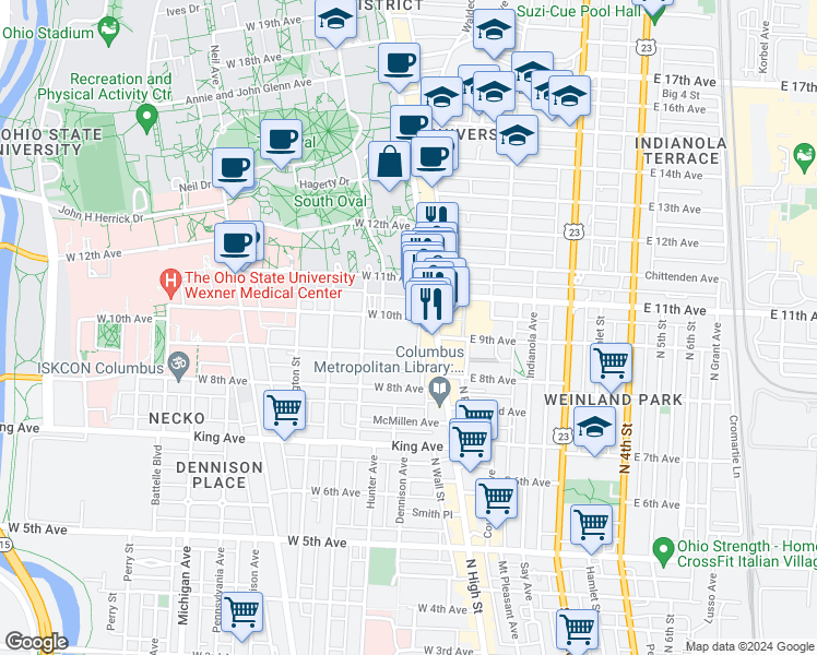 map of restaurants, bars, coffee shops, grocery stores, and more near 50 West 10th Avenue in Columbus
