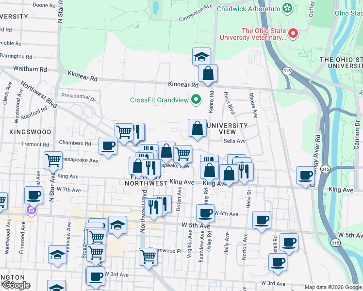 map of restaurants, bars, coffee shops, grocery stores, and more near 1109 Sells Avenue in Columbus