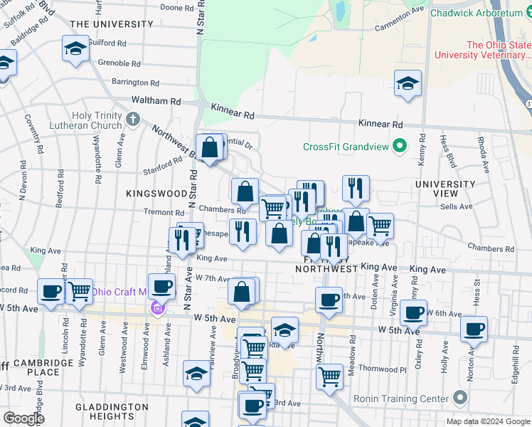 map of restaurants, bars, coffee shops, grocery stores, and more near 1805 Northwest Boulevard in Columbus