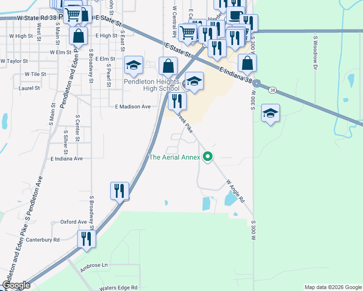 map of restaurants, bars, coffee shops, grocery stores, and more near 8152 West Angle Road in Pendleton