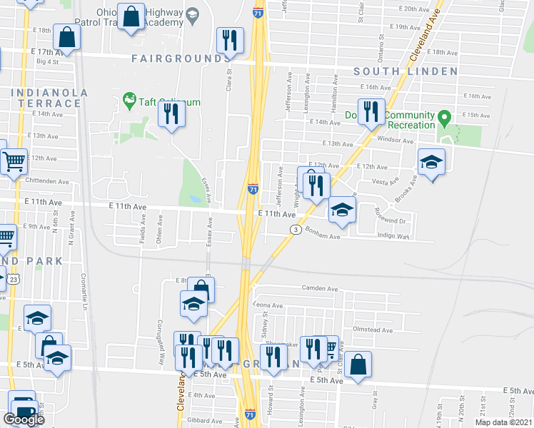 map of restaurants, bars, coffee shops, grocery stores, and more near E 11th Ave & Kingry St in Columbus
