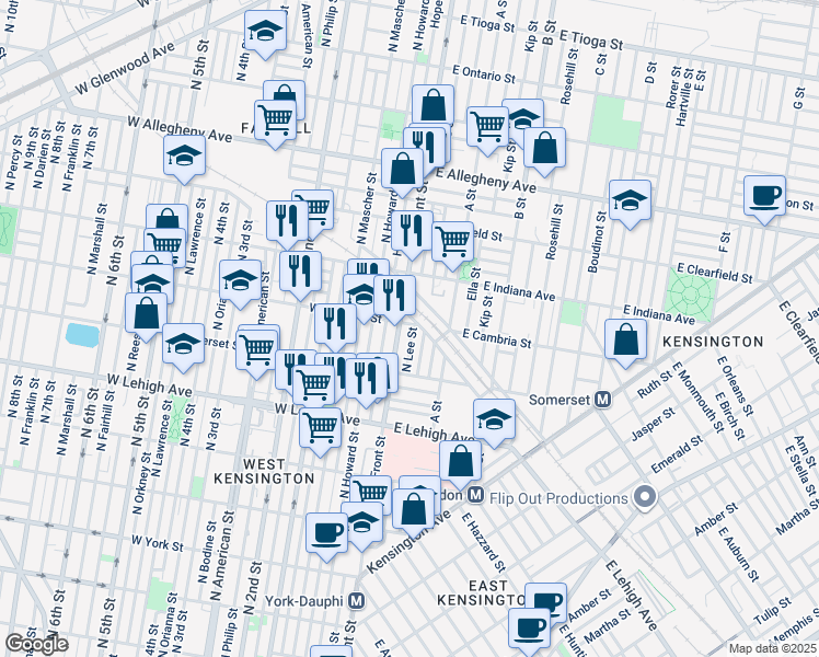 map of restaurants, bars, coffee shops, grocery stores, and more near 2874 North Lee Street in Philadelphia