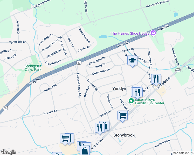 map of restaurants, bars, coffee shops, grocery stores, and more near 3819 Kings Arms Lane in York
