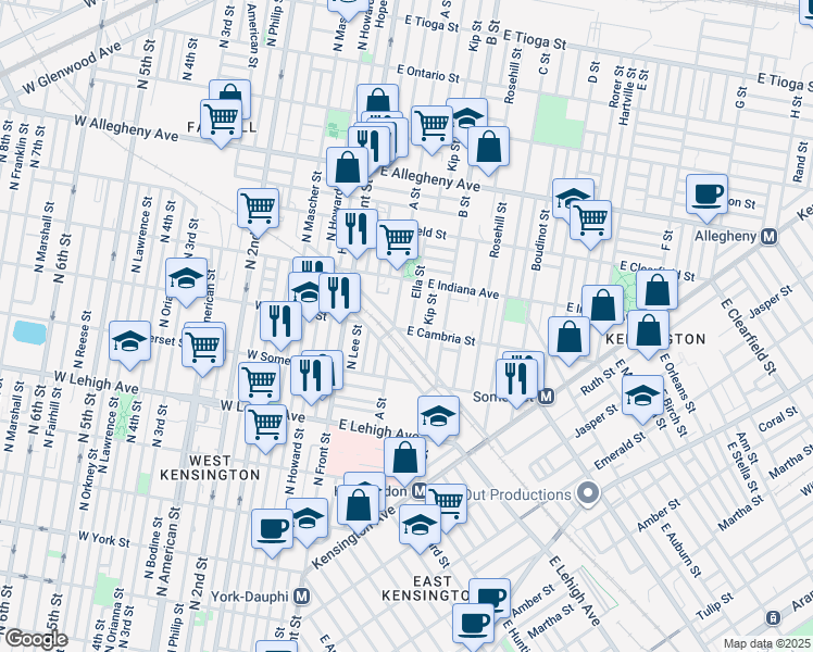 map of restaurants, bars, coffee shops, grocery stores, and more near 217 East Cambria Street in Philadelphia
