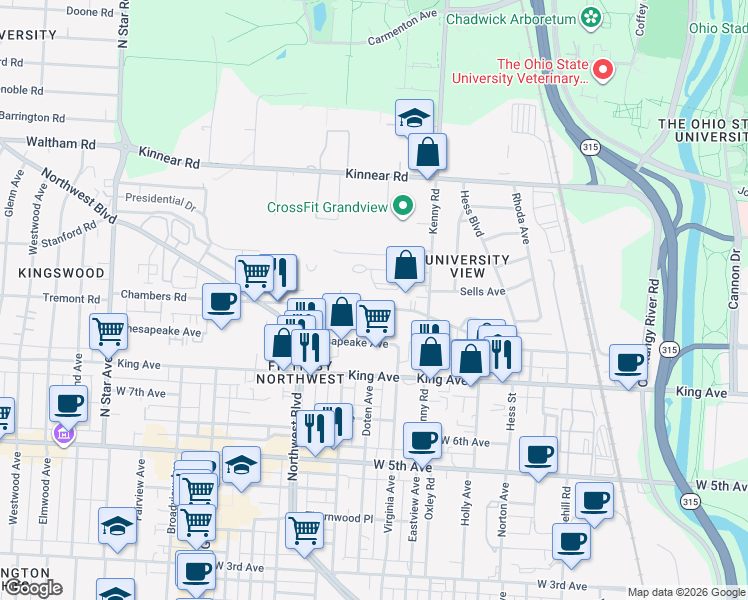 map of restaurants, bars, coffee shops, grocery stores, and more near 1109 Sells Avenue in Columbus