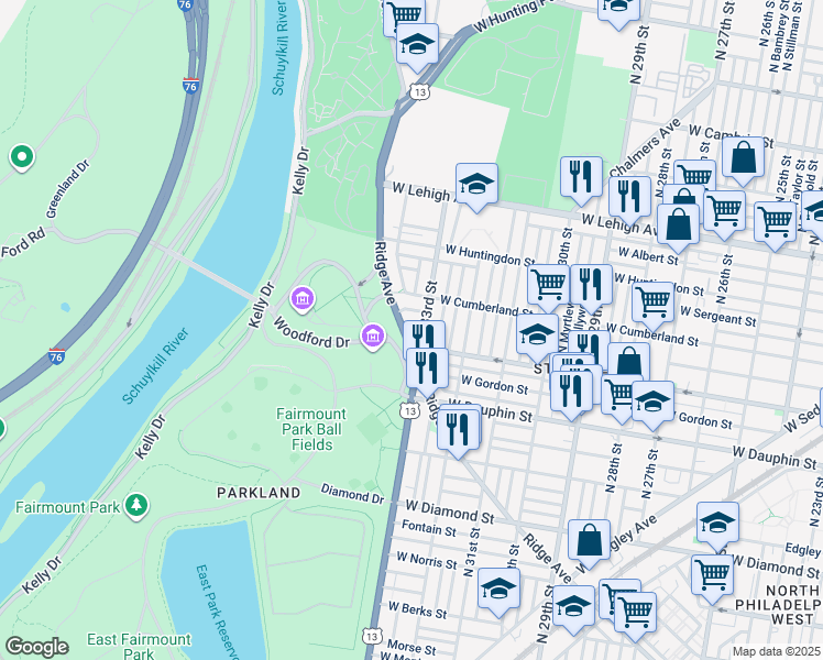 map of restaurants, bars, coffee shops, grocery stores, and more near 3323 Ridge Avenue in Philadelphia