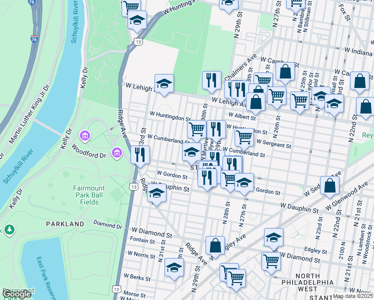 map of restaurants, bars, coffee shops, grocery stores, and more near 2449 North Stanley Street in Philadelphia