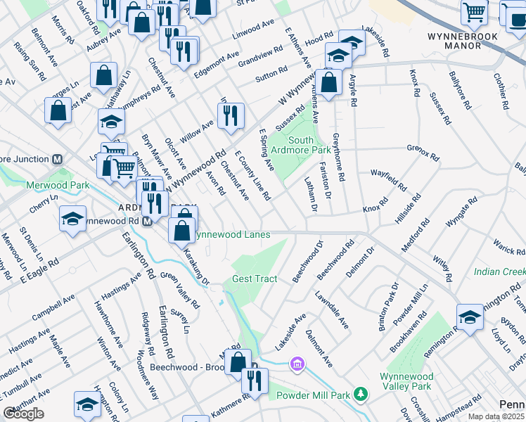 map of restaurants, bars, coffee shops, grocery stores, and more near 2105 Chestnut Avenue in Ardmore