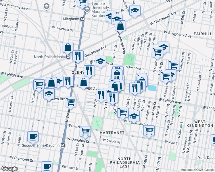 map of restaurants, bars, coffee shops, grocery stores, and more near 2728 North Marvine Street in Philadelphia