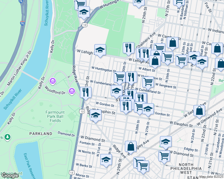 map of restaurants, bars, coffee shops, grocery stores, and more near 2446 North Stanley Street in Philadelphia