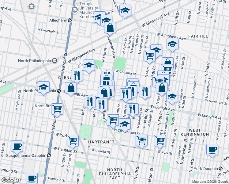 map of restaurants, bars, coffee shops, grocery stores, and more near 924 West Silver Street in Philadelphia