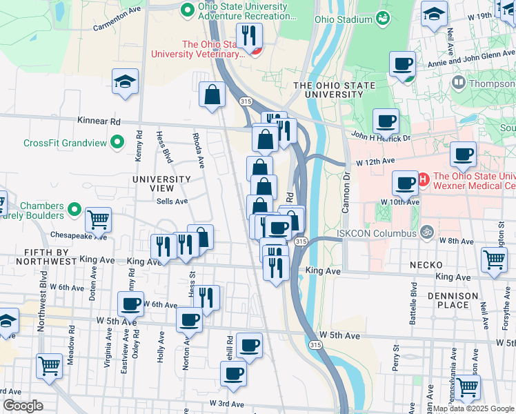 map of restaurants, bars, coffee shops, grocery stores, and more near 1717 Olentangy River Road in Columbus