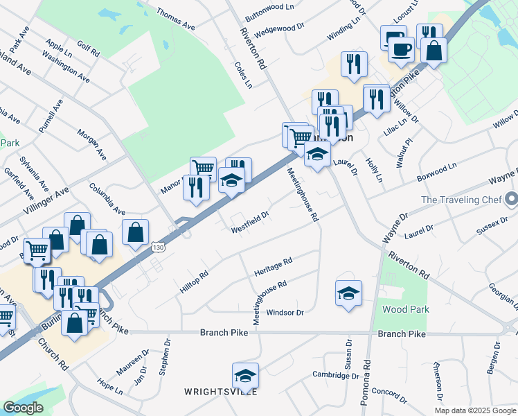 map of restaurants, bars, coffee shops, grocery stores, and more near 777 Westfield Drive in Cinnaminson