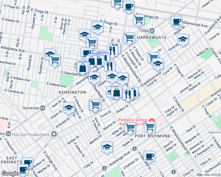 map of restaurants, bars, coffee shops, grocery stores, and more near 3152 Emerald Street in Philadelphia
