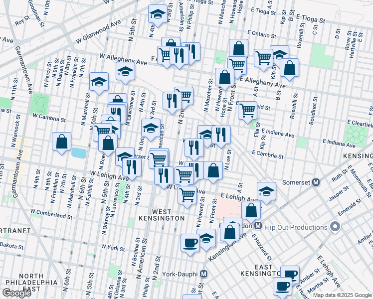 map of restaurants, bars, coffee shops, grocery stores, and more near 2844 North Hancock Street in Philadelphia