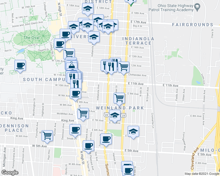 map of restaurants, bars, coffee shops, grocery stores, and more near 1516 Summit Street in Columbus